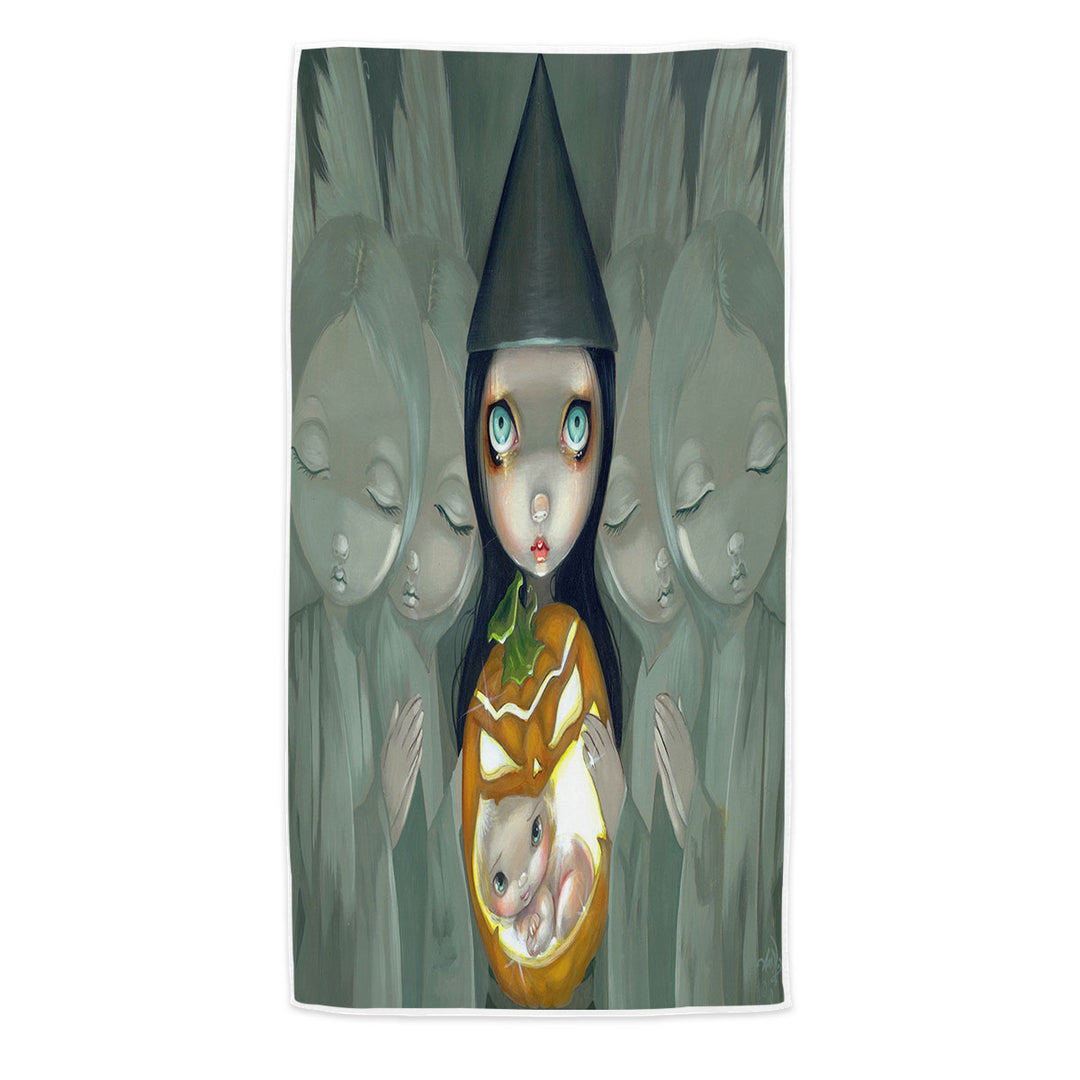 Unique Beach Towel with Big Eyed Witch Born Of a Pumpkin Baby