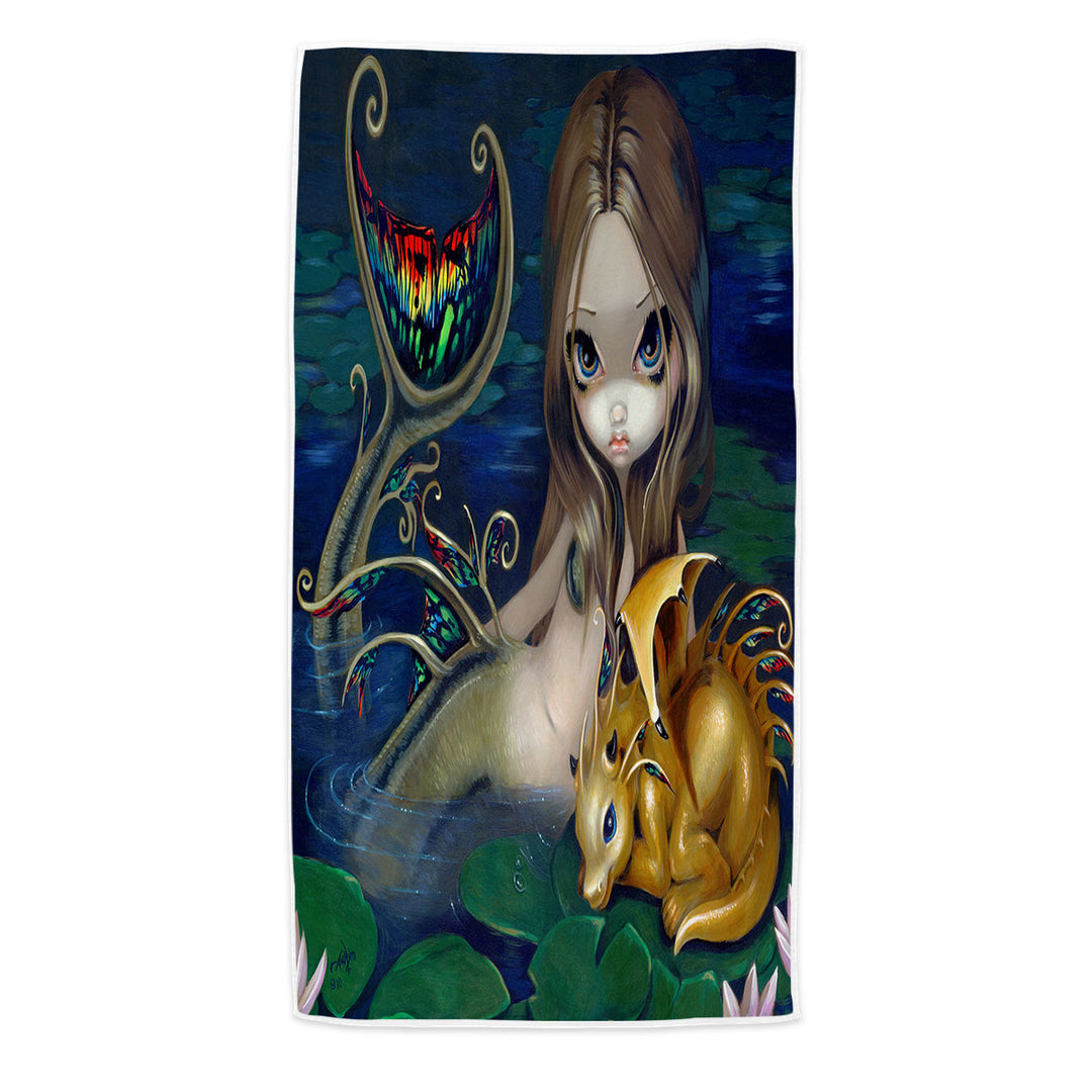 Unique Beach Towels Fantasy Art Beautiful Mermaid with a Golden Dragon