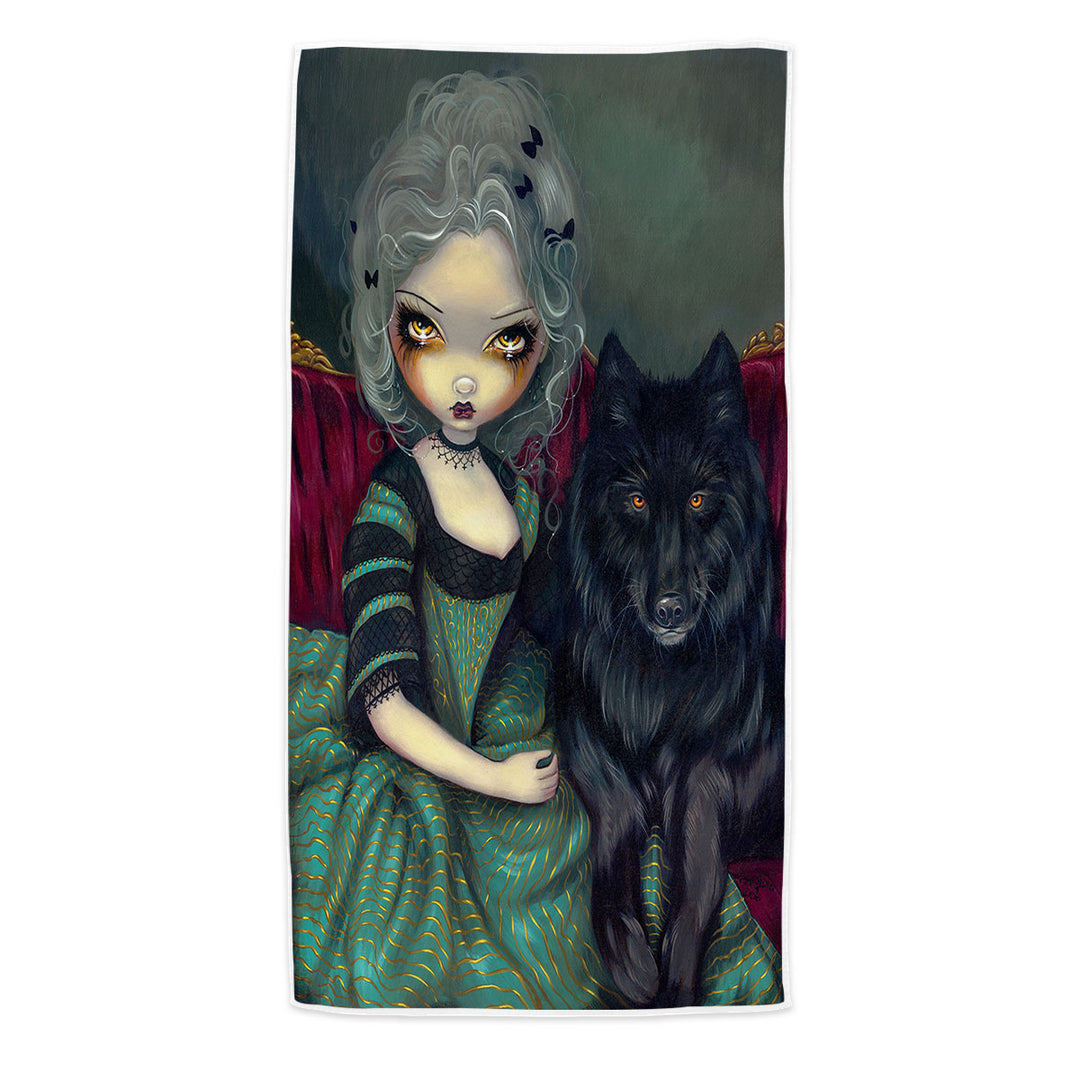 Unique Beach Towels Loup Garou Beautiful Gothic Lady and Black Wolf