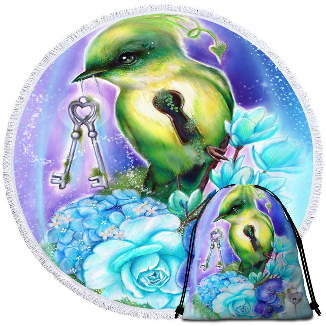 Unique Beach Towels Magical Fantasy Art Key Bird with Flowers