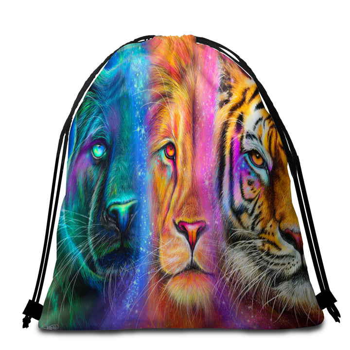 Unique Beach Towels and Bags Set Tiger Lion Panther Faces of Nature Neon Big Cats