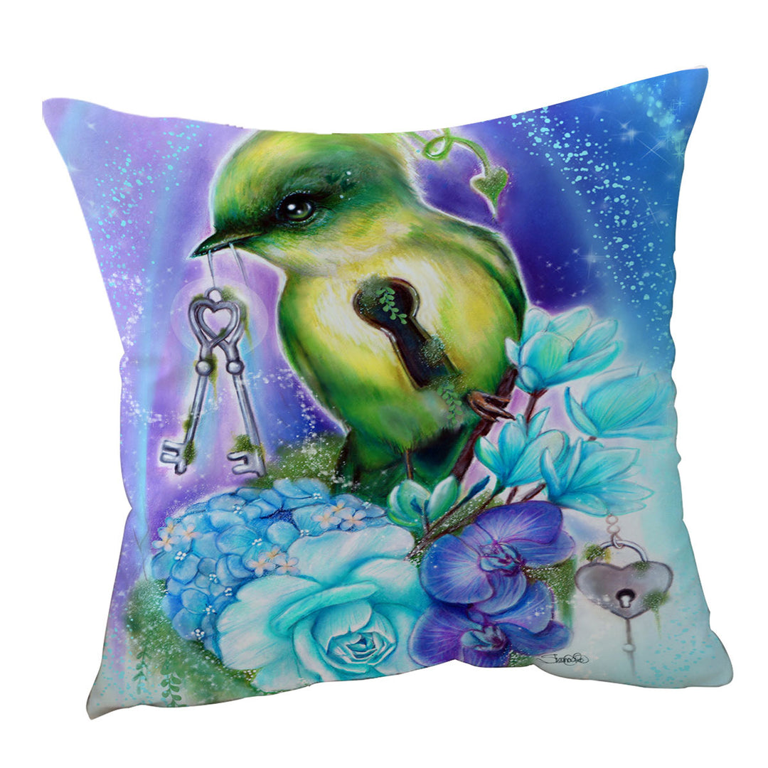 Unique Cushions Magical Fantasy Art Key Bird with Flowers