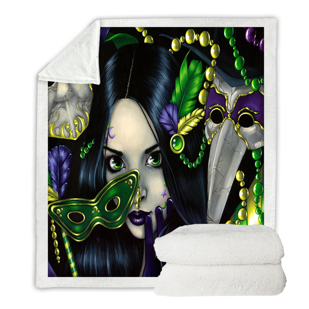 Unique Fleece Blankets Mardi Gras Masquerade Purple Green and Gold Masks