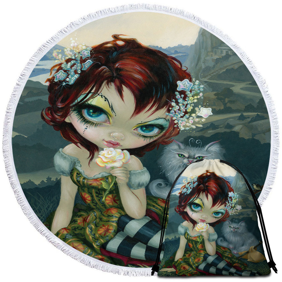 Unique Round Beach Towel The Fool Card Beautiful Nomad and Her Cat