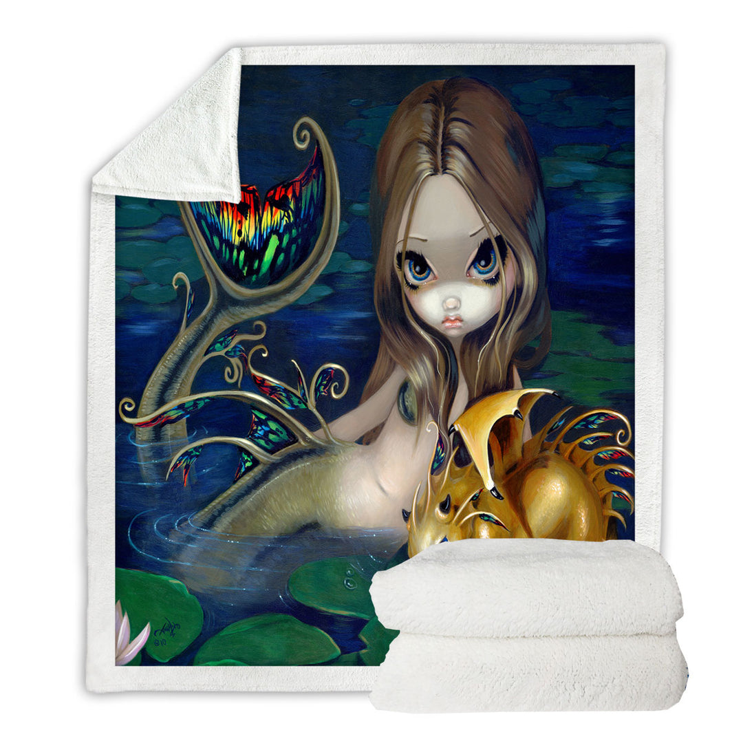 Unique Sofa Blankets Fantasy Art Beautiful Mermaid with a Golden Dragon