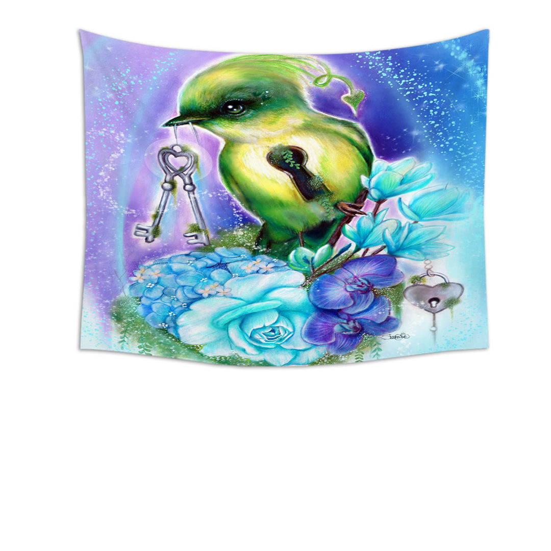 Unique Tapestry Wall Decor Magical Fantasy Art Key Bird with Flowers