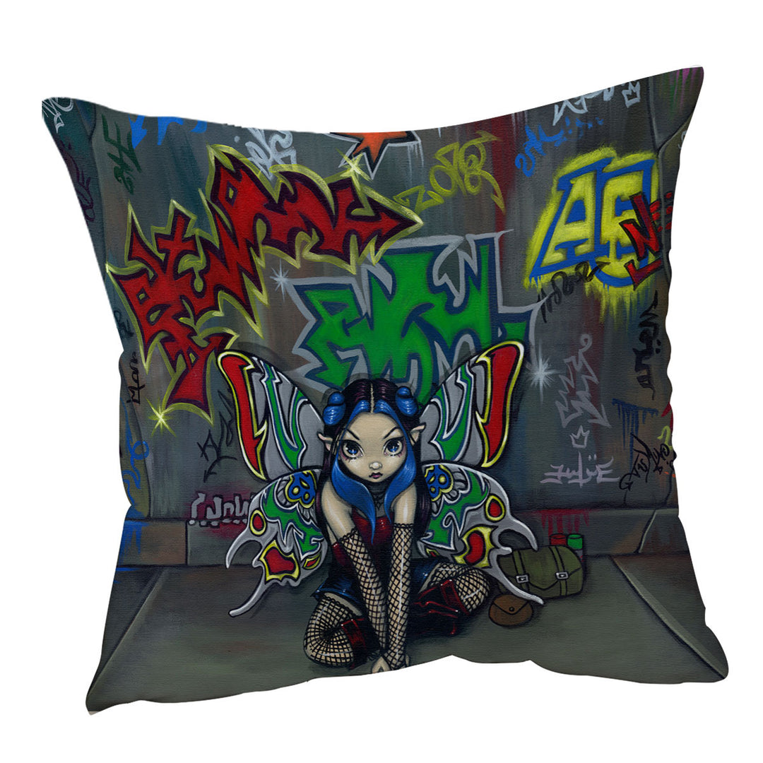 Unique Throw Pillows Camouflage Urban Fairy in a Graffiti Alley