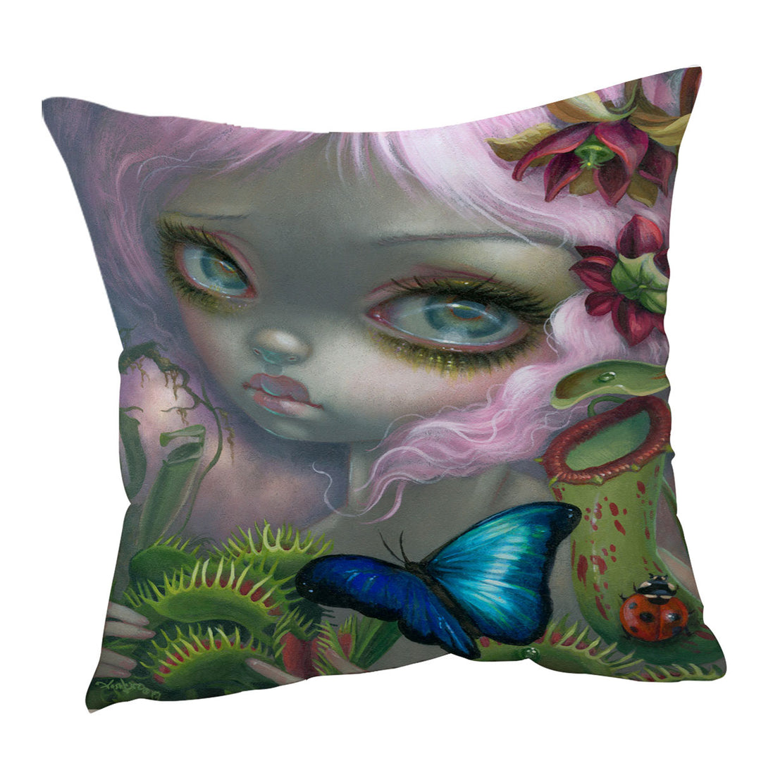 Unique Throw Pillows Insectarium Beautiful Pink Haired Girl and Plants