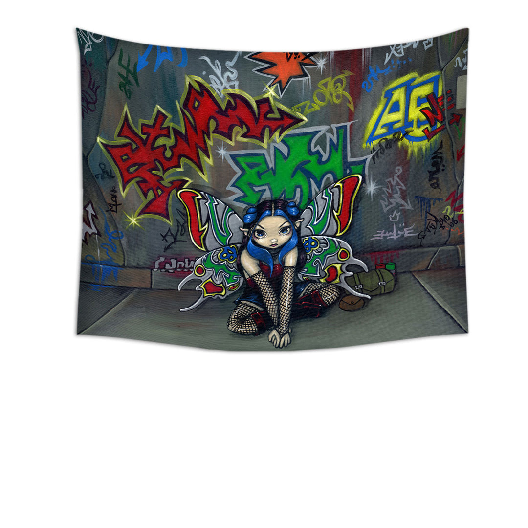 Unique Wall Decor Camouflage Urban Fairy in a Graffiti Alley Tapestry