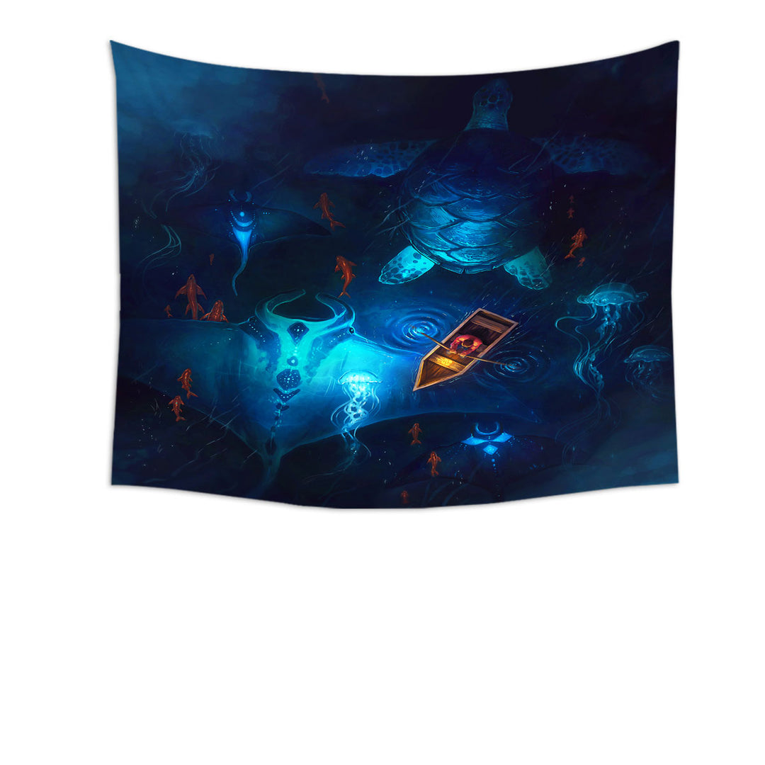 Unique Wall Decor Manta Ray Jellyfish Turtle Fish Night Boat Fishing Tapestry