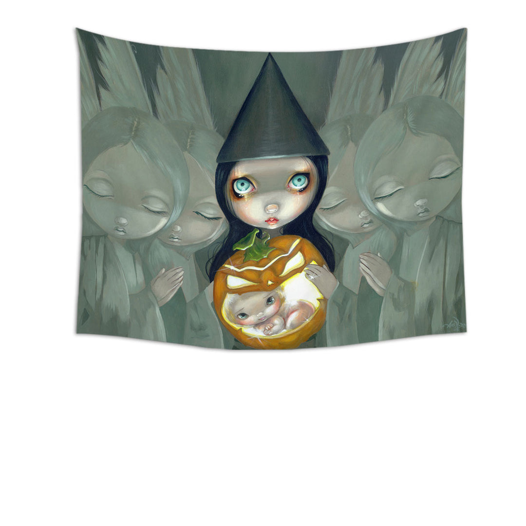 Unique Wall Decor Tapestry with Big Eyed Witch Born Of a Pumpkin Baby