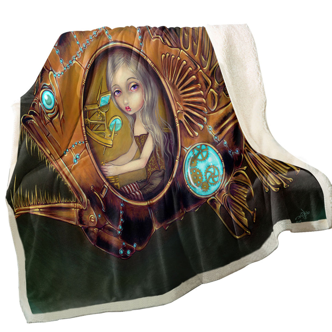 Unusual Decorative Blankets Steampunk Anglerfish Submarine Violet Eyed Girl