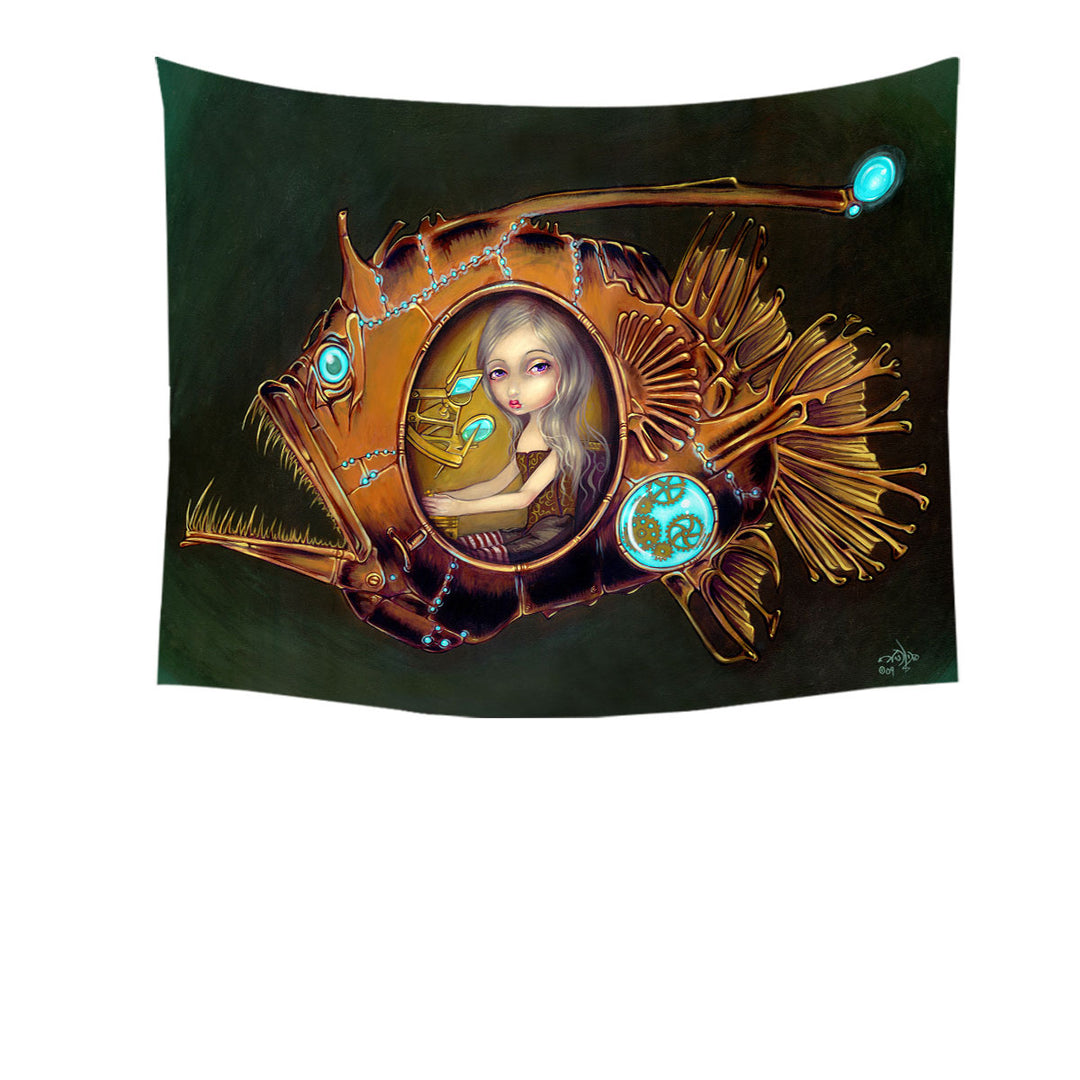 Unusual Tapestry Steampunk Anglerfish Submarine Violet Eyed Girl