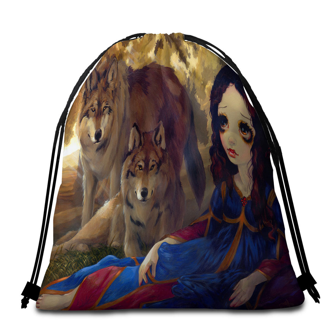 Vampire Beach Towels and Bags Set Girl and Wolves Dark Art I Vampiri I Lupi