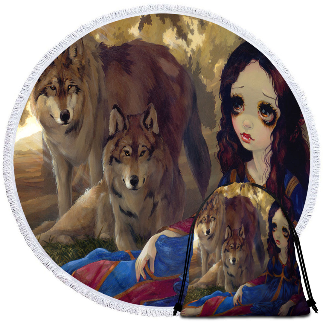 Vampire Circle Towel with Girl and Wolves Dark Art I Vampiri I Lupi