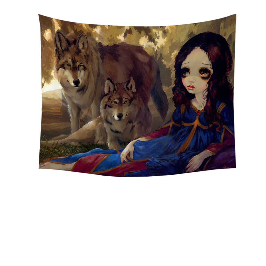 Vampire Tapestry Wall Hanging with Girl and Wolves Dark Art I Vampiri I Lupi