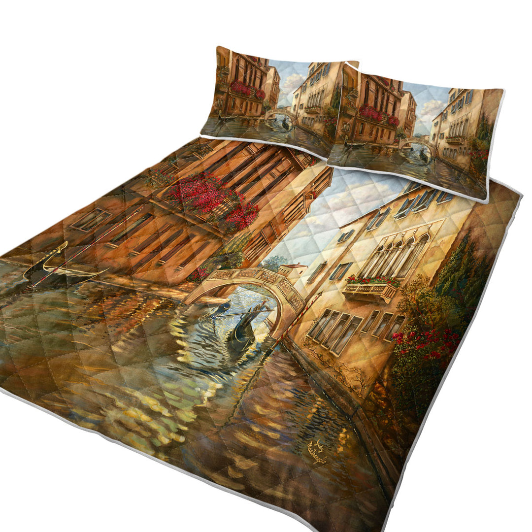 Venetian City Canal and Gondola Art Painting Quilt