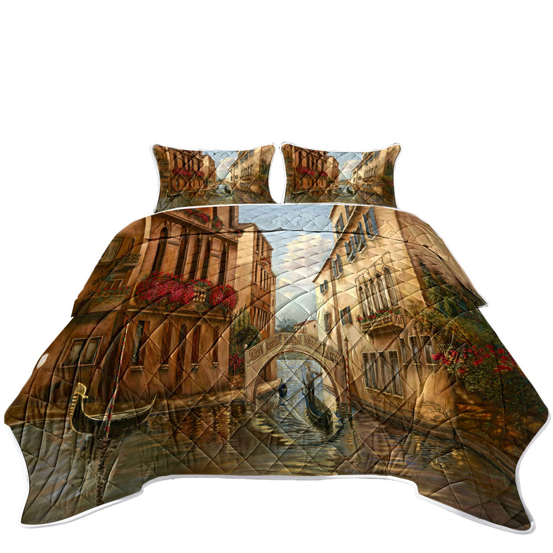 Venetian City Canal and Gondola Art Painting Quilts