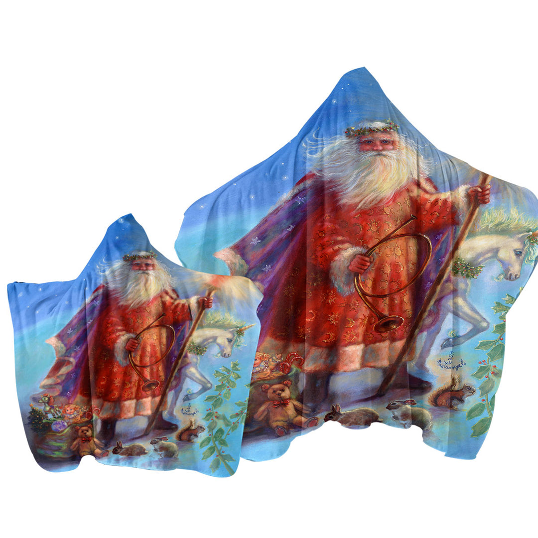 Vintage Christmas Painting Santa and Unicorn Towel with Hood