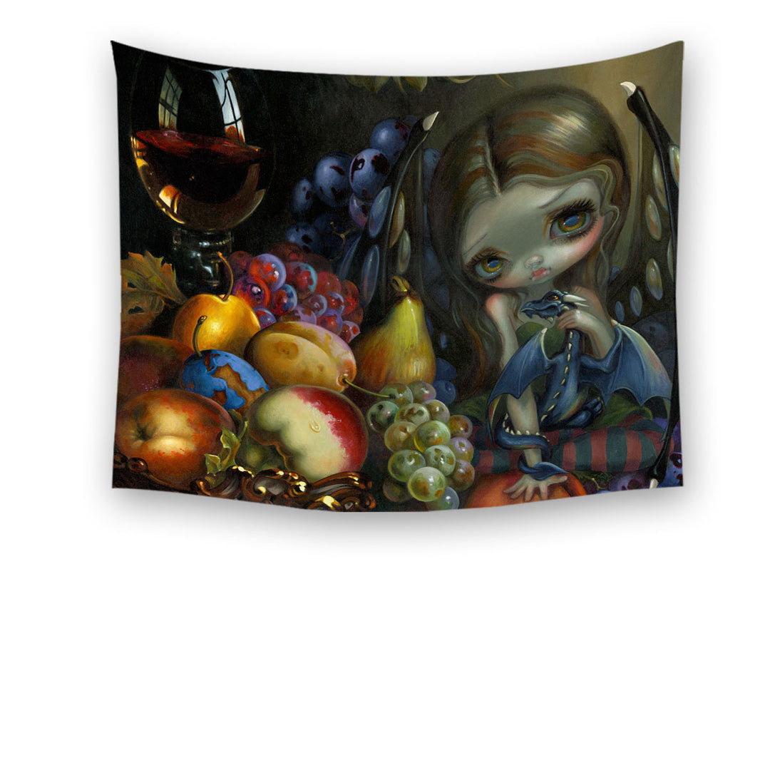 Wall Art Prints with Fruit Dragonling Little Fairy and Her Baby Dragon Tapestry