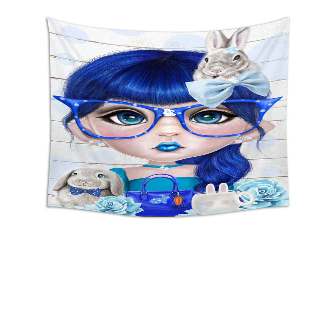 Wall Decor Tapestry with Bunny loving Bethany Blue Girl