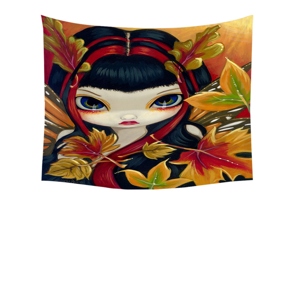 Wall Decor with Autumn Leaves Big Eyed Winged Girl Tapestry