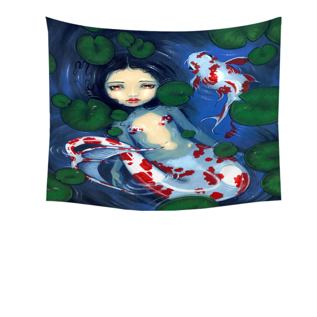 Wall Decor with Japanese Garden Lily Pads and Koi Pond Mermaid Tapestry