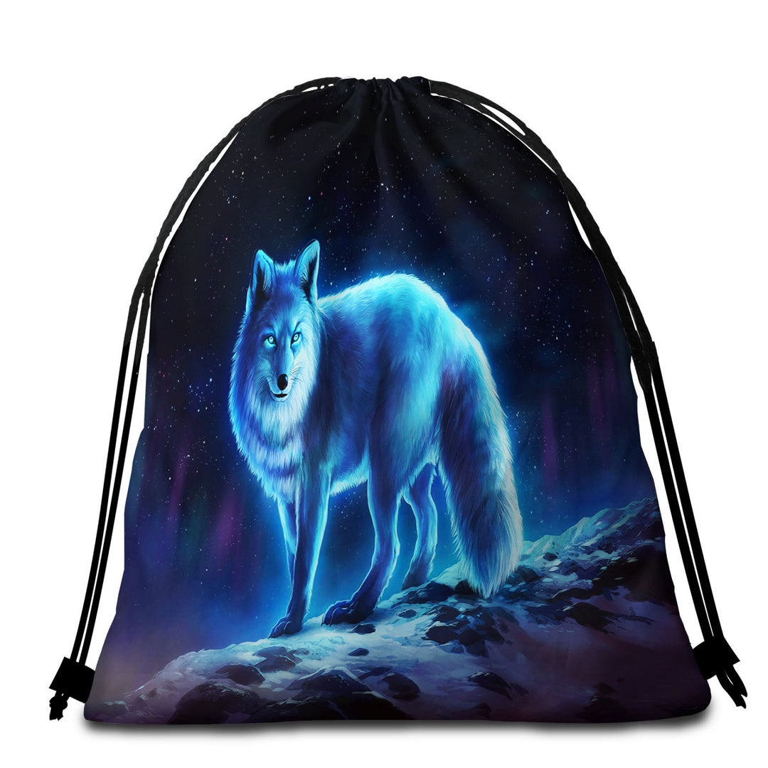 Wanderer Night Sky Winter Wolf Beach Bags and Towels