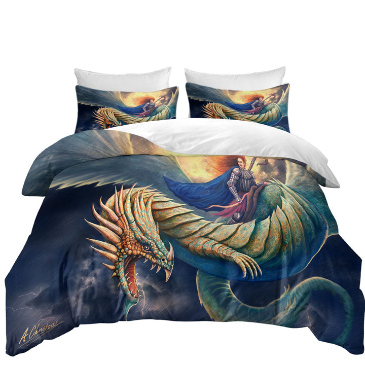 Warrior Riding a Scary Dragon Duvet Cover Queen