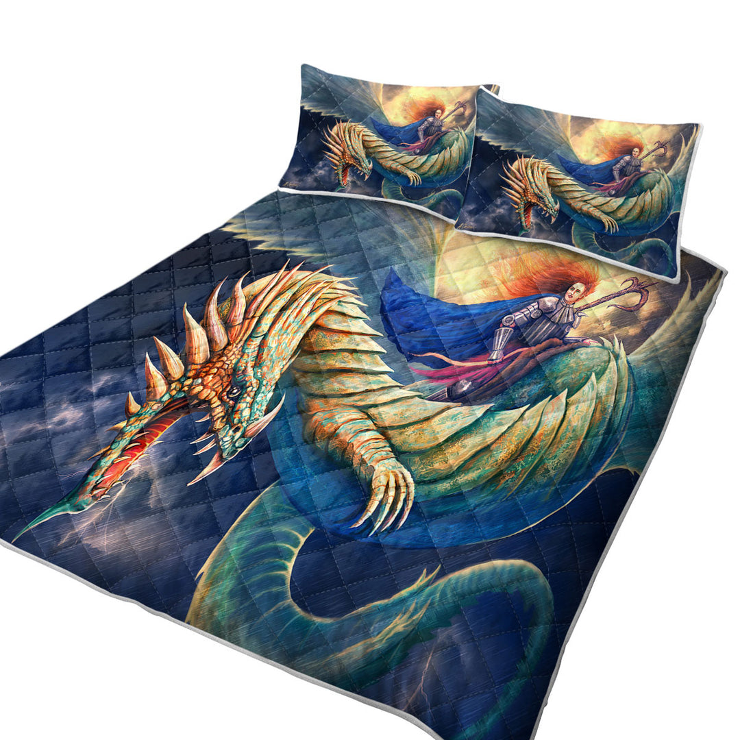 Warrior Riding a Scary Dragon King Size Quilt