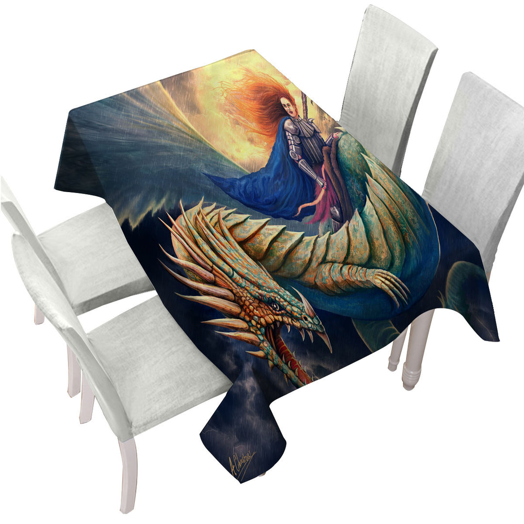 Warrior Riding a Scary Dragon Tablecloths