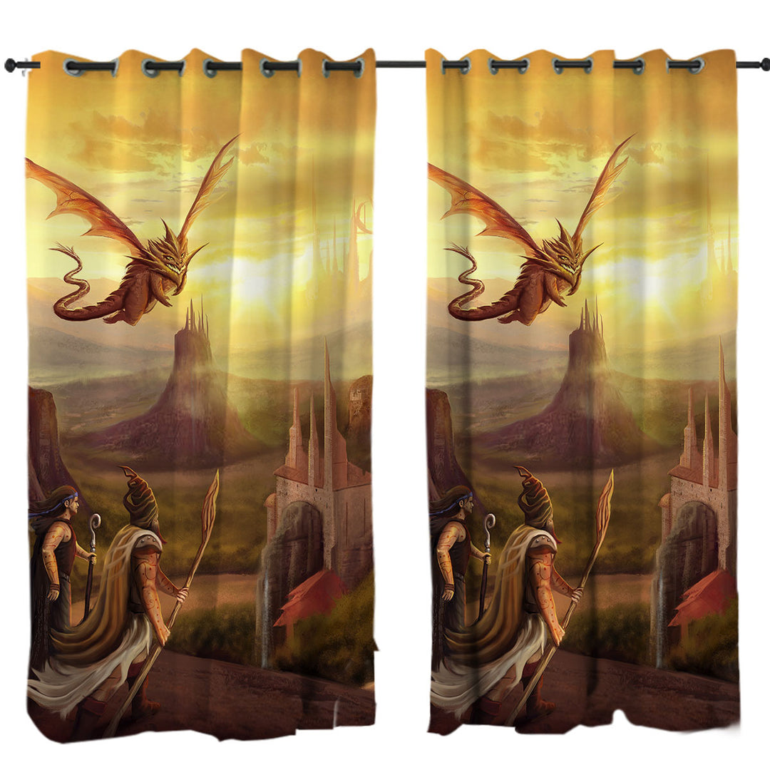 Warriors and Dragon Fantasy Art Curtains