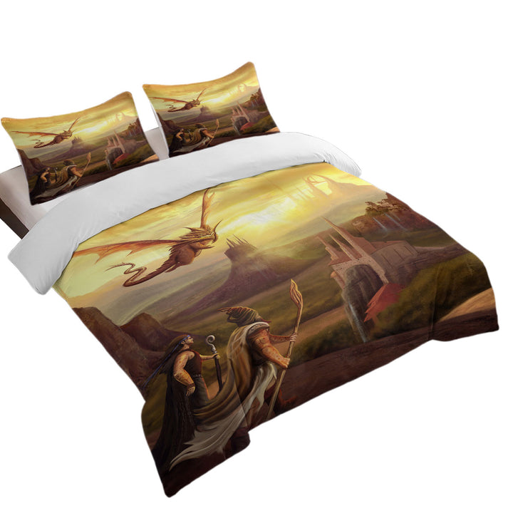 Warriors and Dragon Fantasy Art Duvet Cover