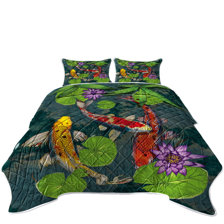 Water Lily Pond and Koi Fish California King Quilt Sets