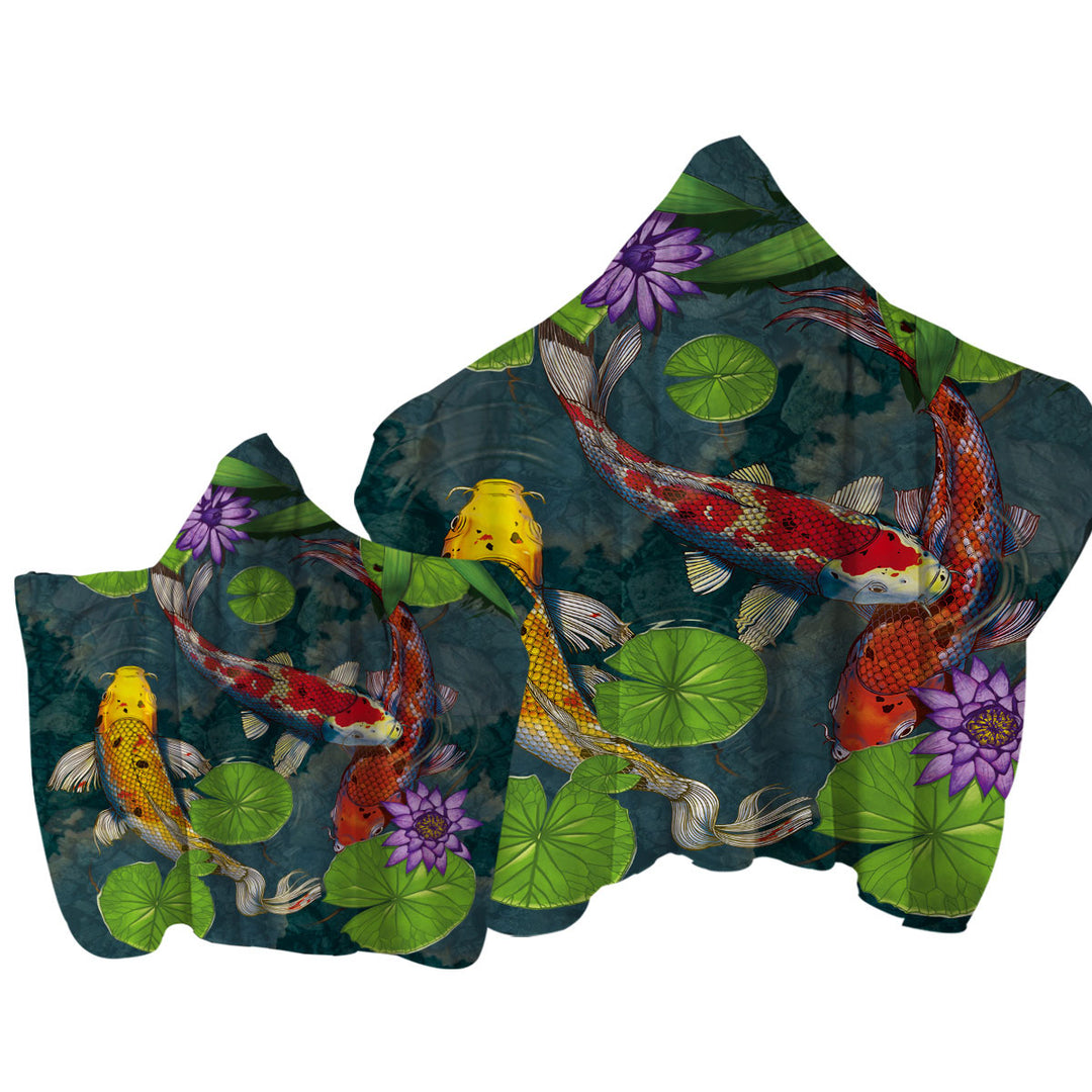 Water Lily Pond and Koi Fish Hooded Beach Towel