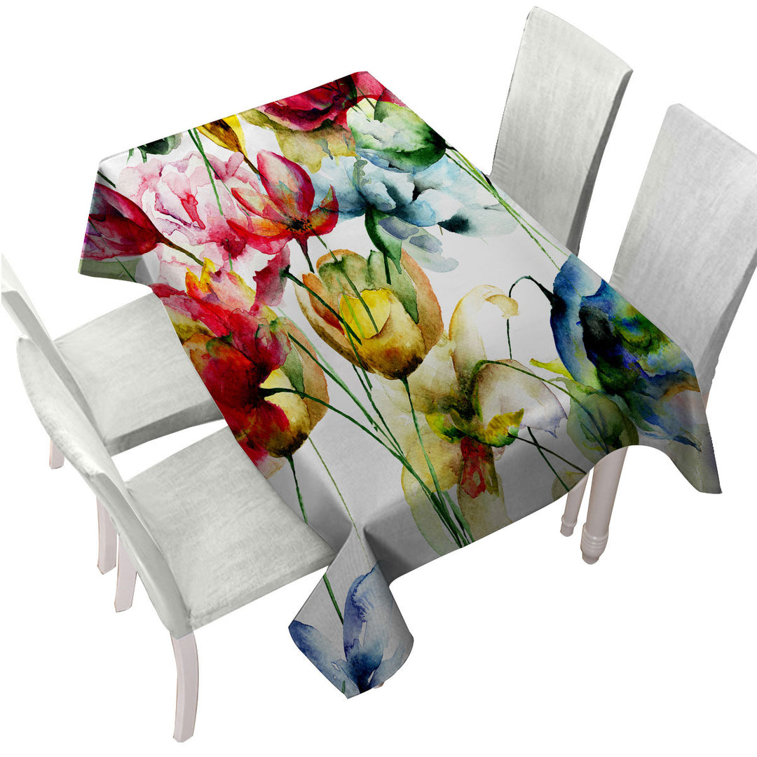 Watercolor Painting of Colorful Flowers Tablecloths