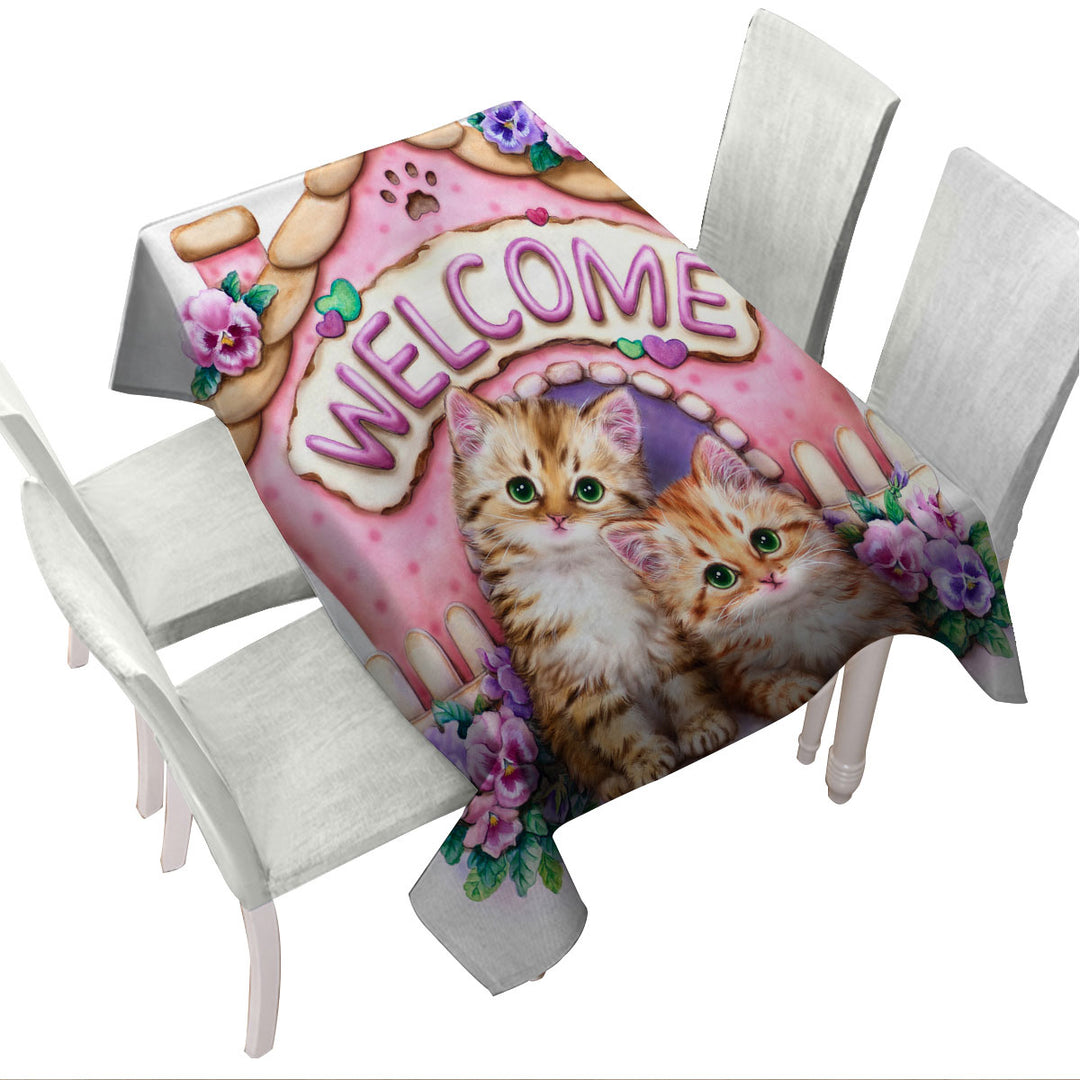 Welcome Tabby Ginger Kittens and Violet Flowers Tablecloth