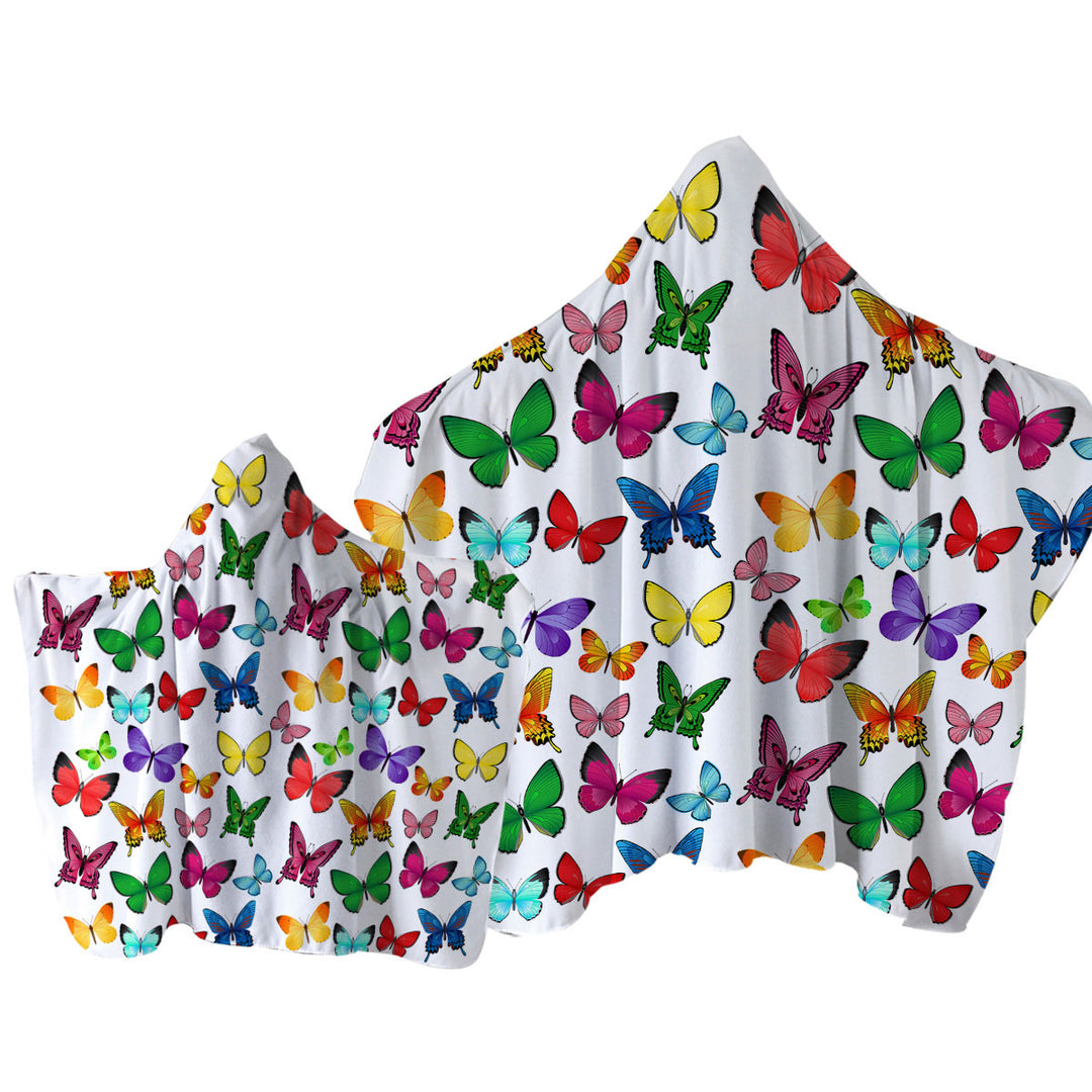 White Back Full of Vivid Colored Butterflies Towel with Hood