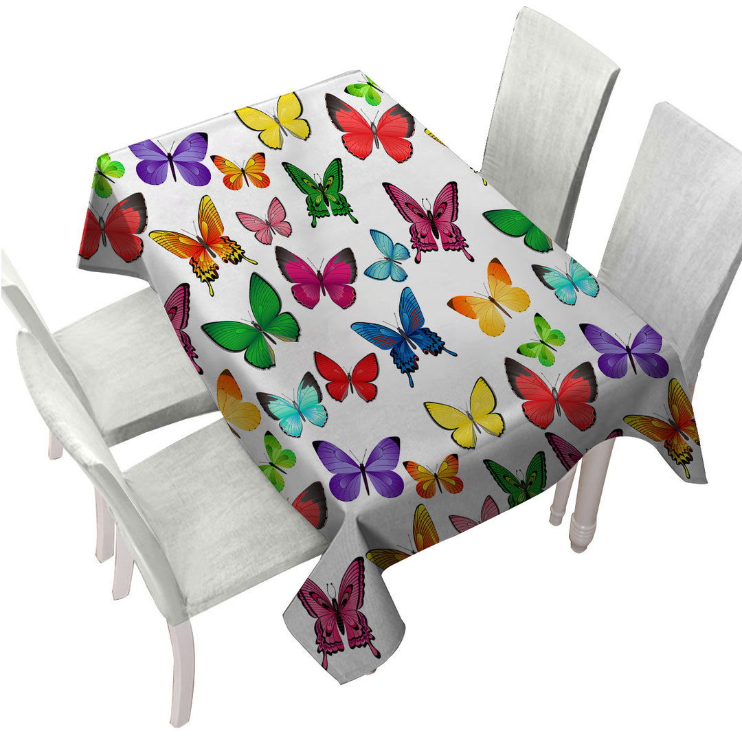 White Back Vivid Colored Butterflies Tablecloth