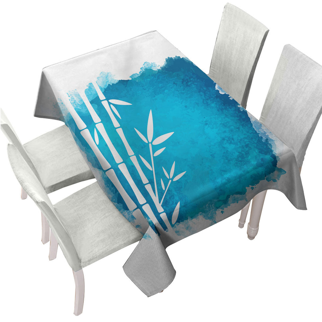 White Bamboo Silhouette over Ocean Blue Paint Tablecloths