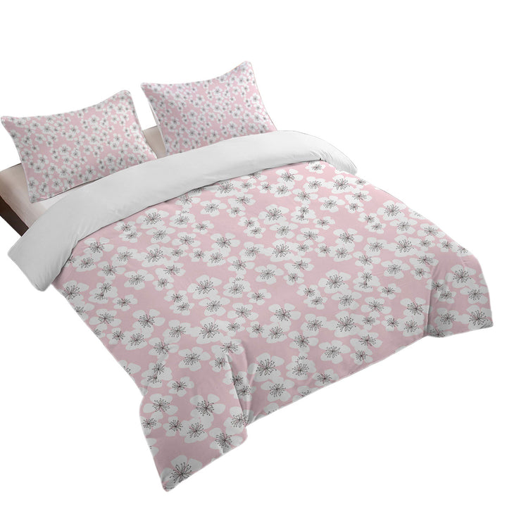 White Floral Drawings over Pink Duvet Cover