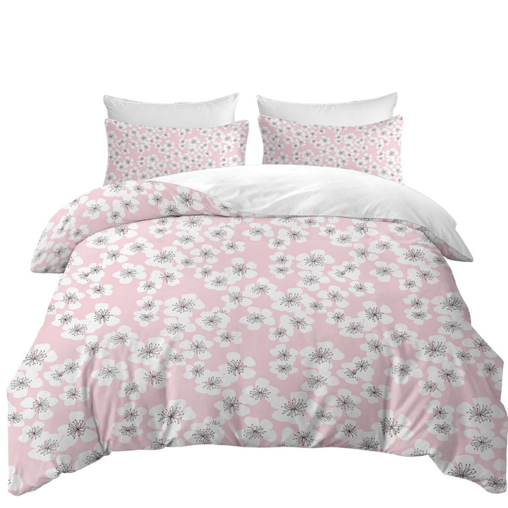 White Floral Drawings over Pink Oversized King Duvet Cover