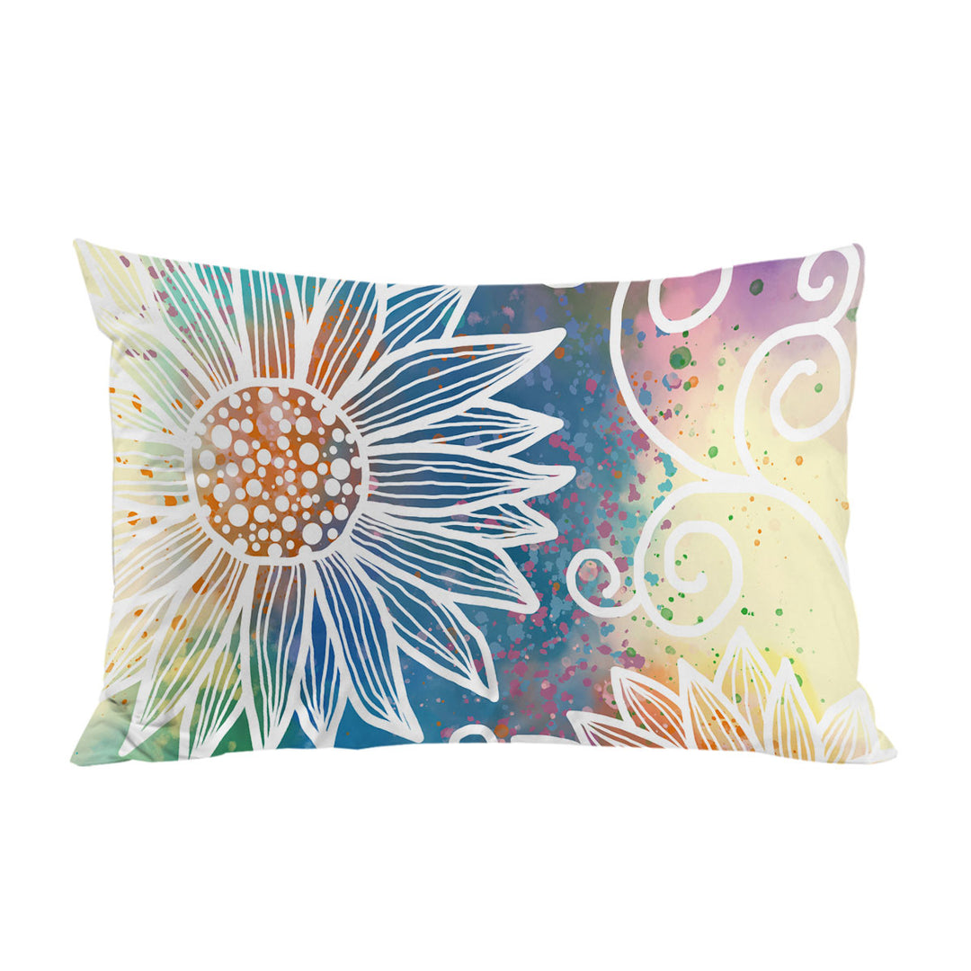 White Flower Drawings over Colorful Background Pillow Cases