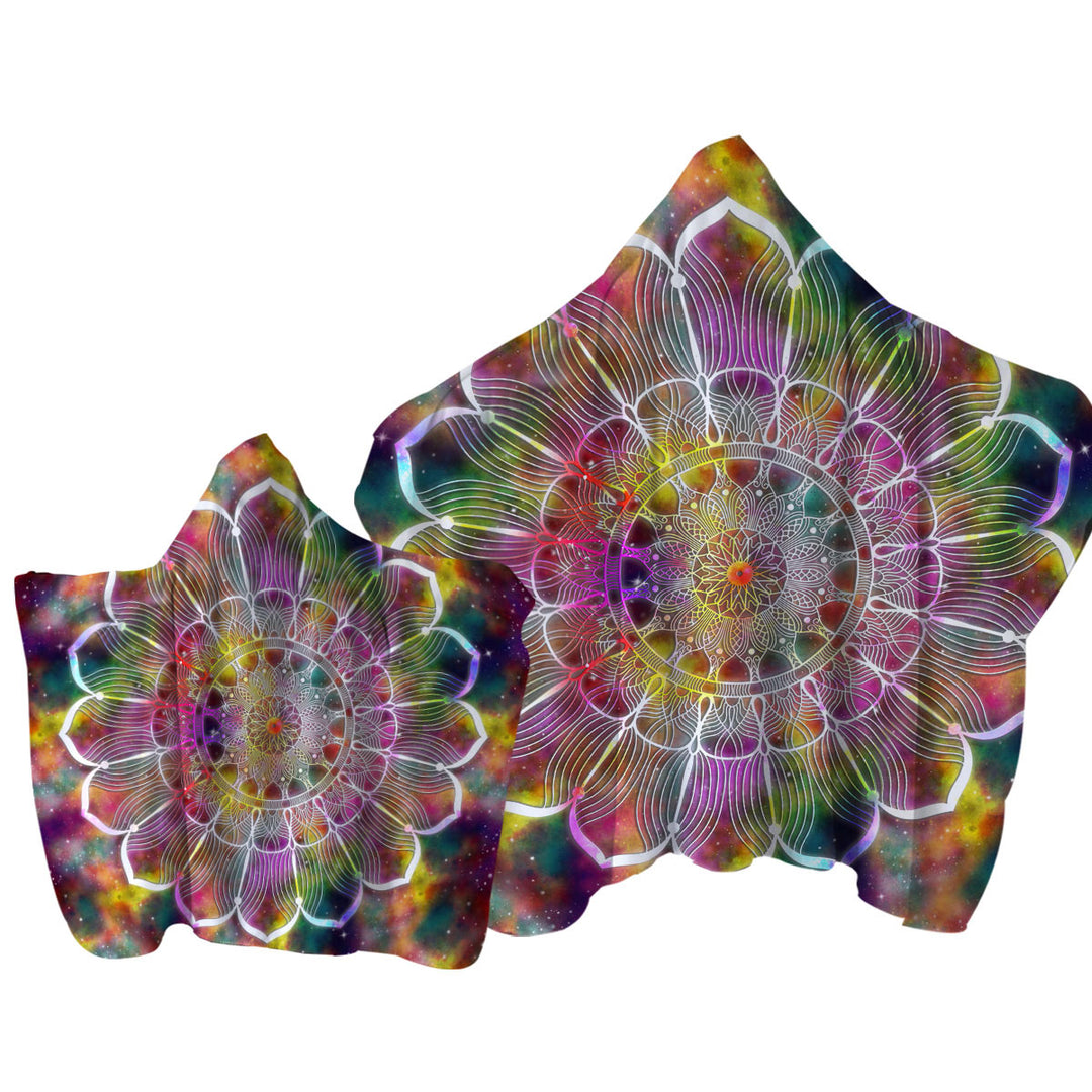 White Flower Mandala over Colorful Space Hooded Beach Towel