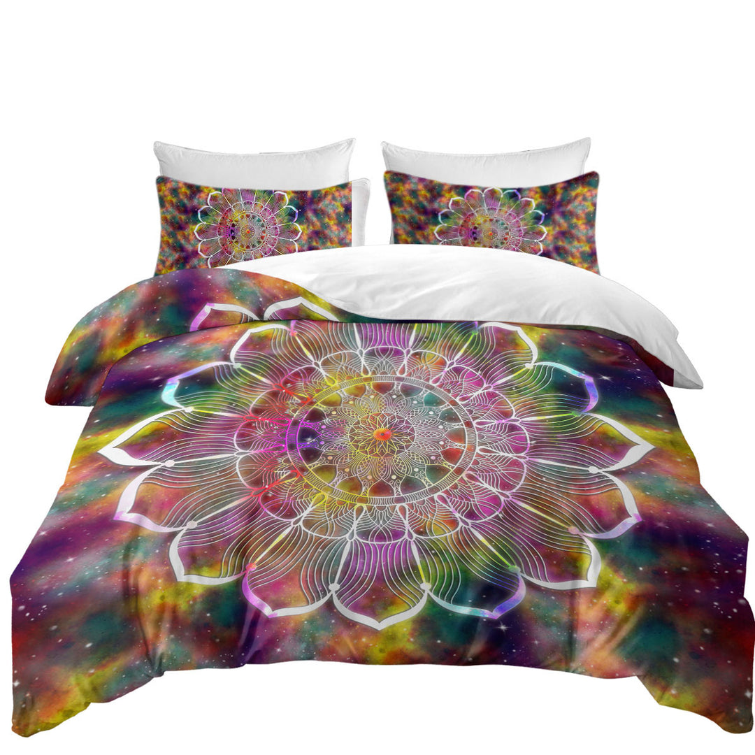 White Flower Mandala over Colorful Space King Quilt Cover