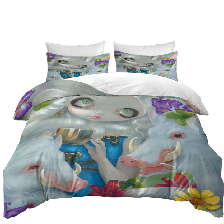 White Haired Beauty Circe and the Swine King Duvet Cover set