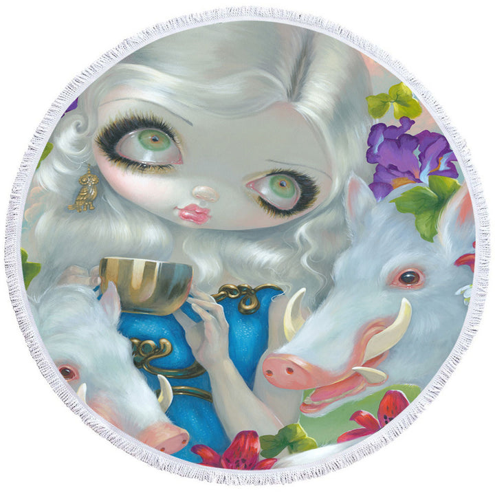 White Haired Beauty Circe and the Swine Round Beach Towel