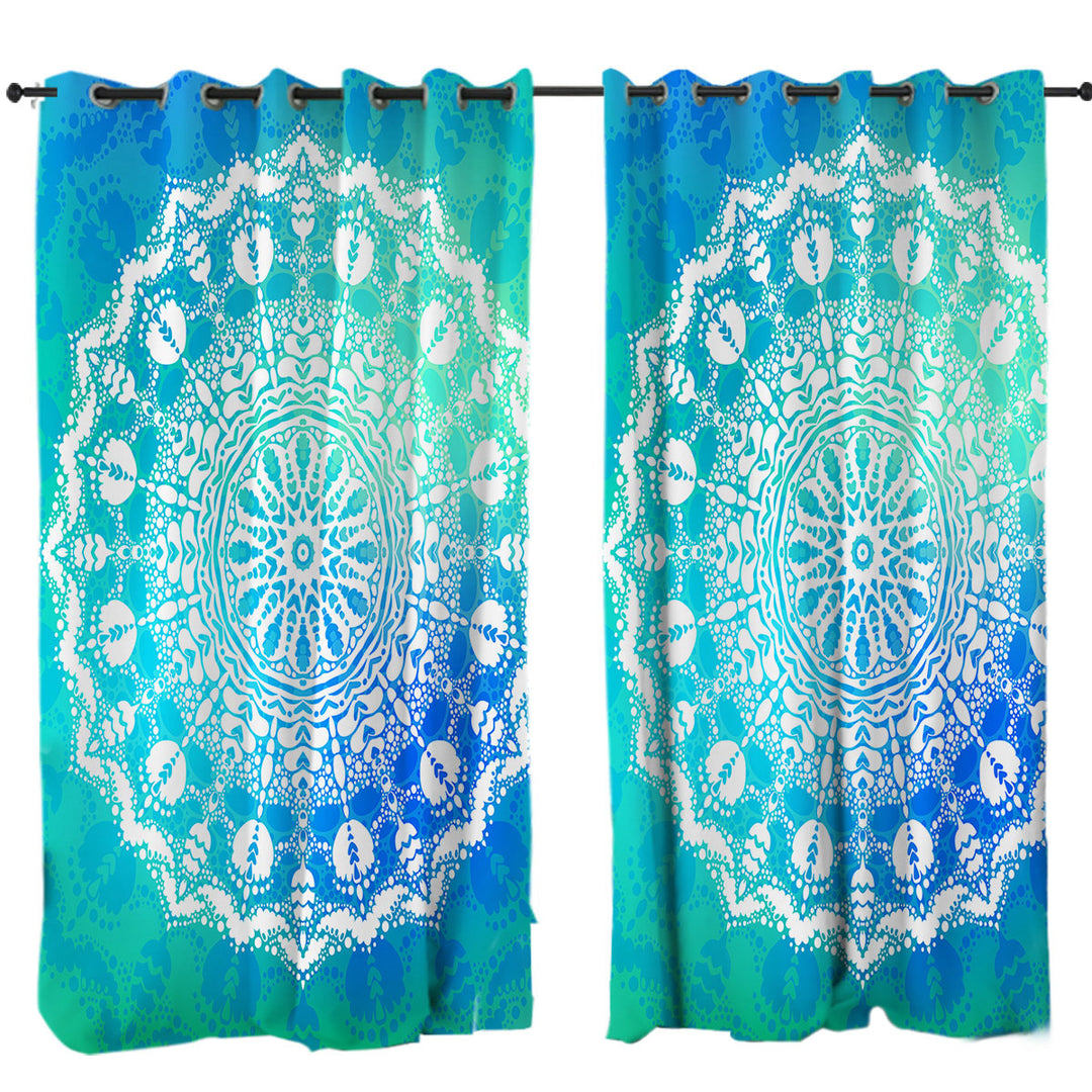 White Mandala over Bright Blue Green Curtains