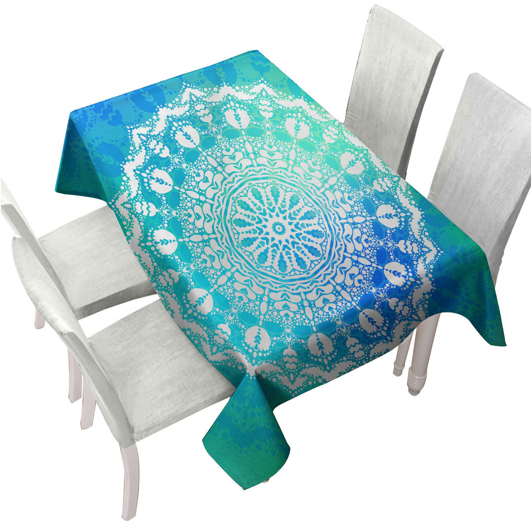 White Mandala over Bright Blue Green Table Cover