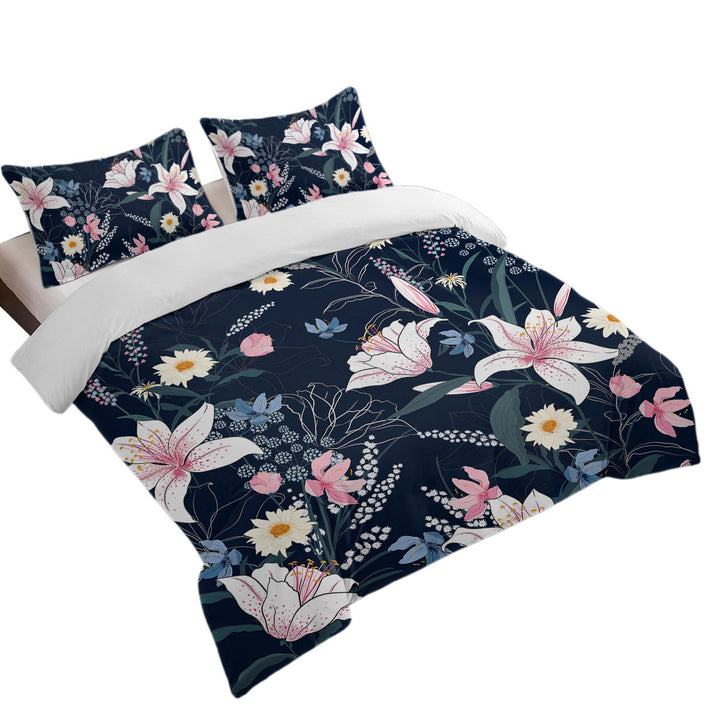 White Pink and Blue Flowers King Size Duvet Cover